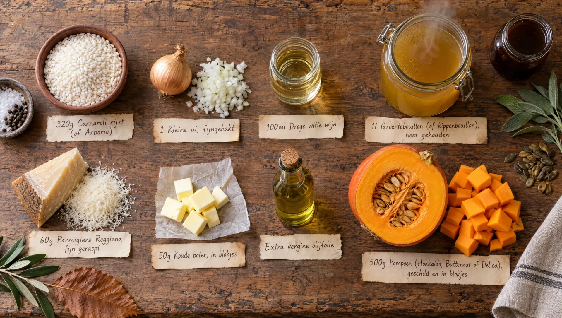 Ingrediënten voor pompoenrisotto: Carnaroli, Hokkaido, ui, witte wijn, Parmigiano, boter, kalfsjus en salie