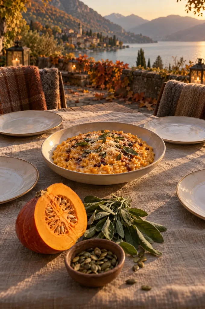 Pompoenrisotto met kalfsjus op een herfsttafel in Lombardije, met een halve pompoen, salie en pompoenpitten ernaast