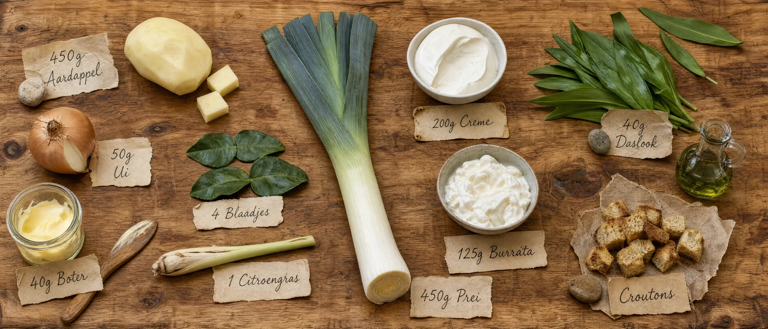 Ingrediënten voor romige preisoep op houten tafel