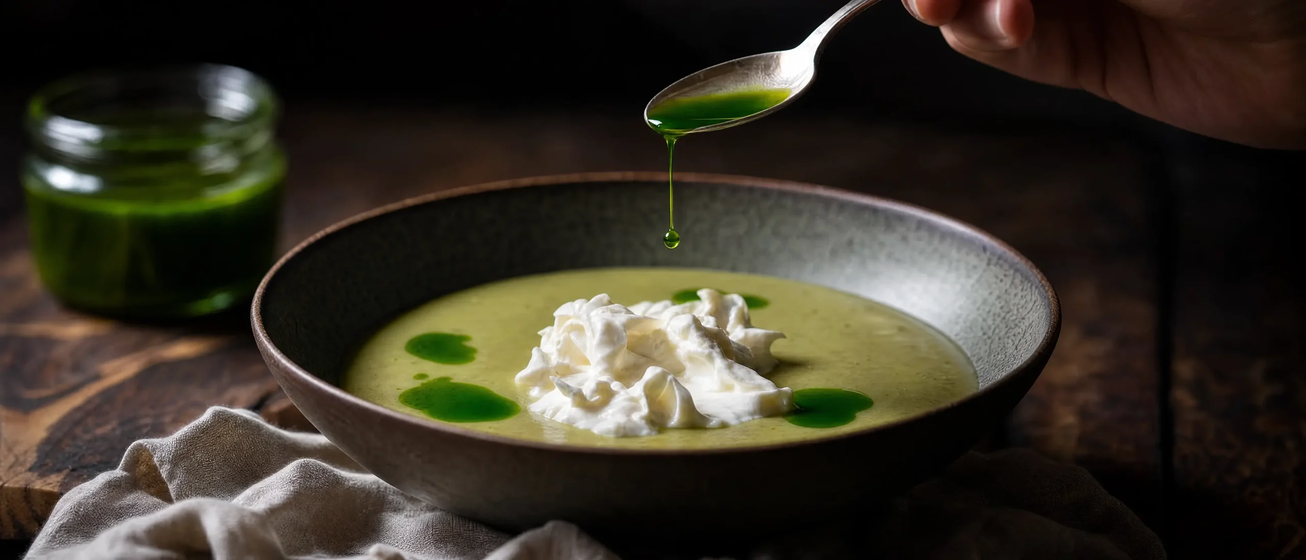 Groene olie druppelt op romige soep met zachte kaas
