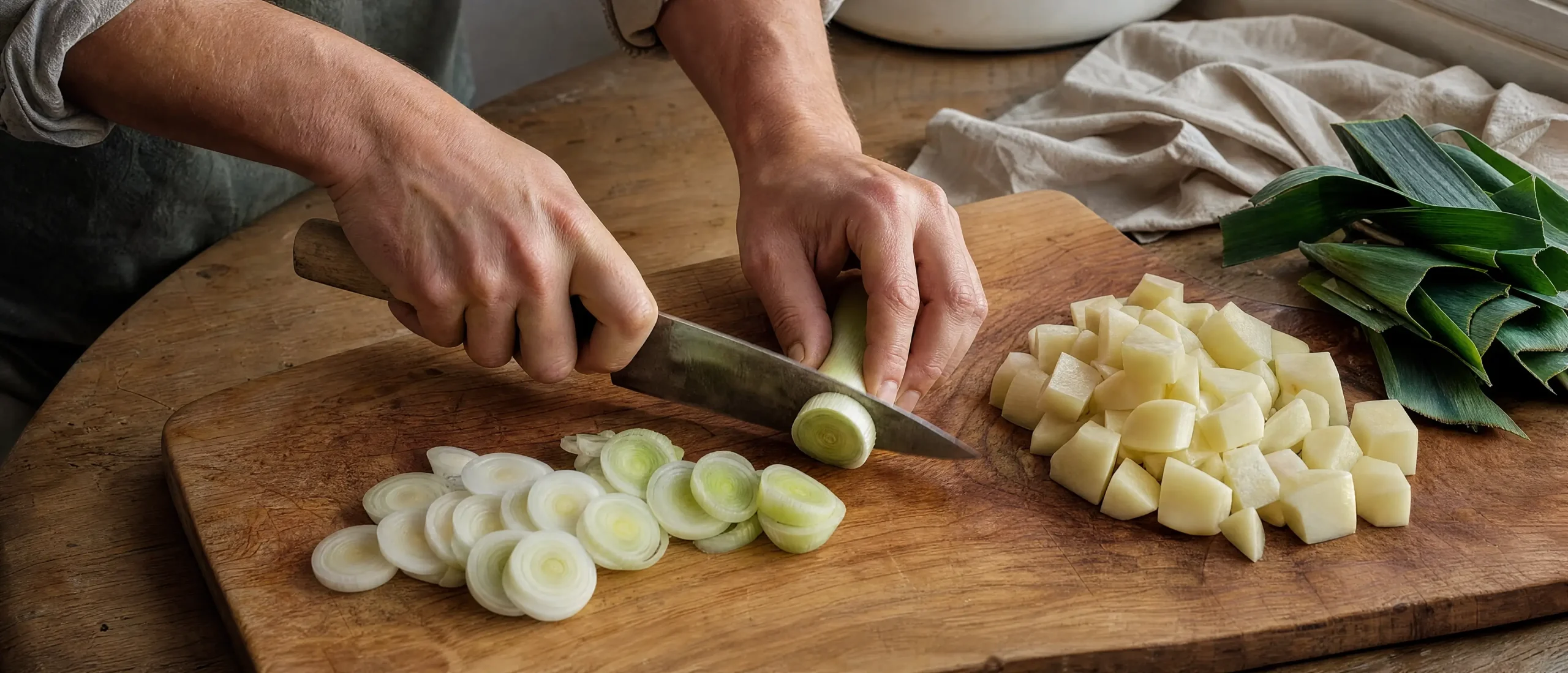 Handen snijden prei en aardappel op houten snijplank