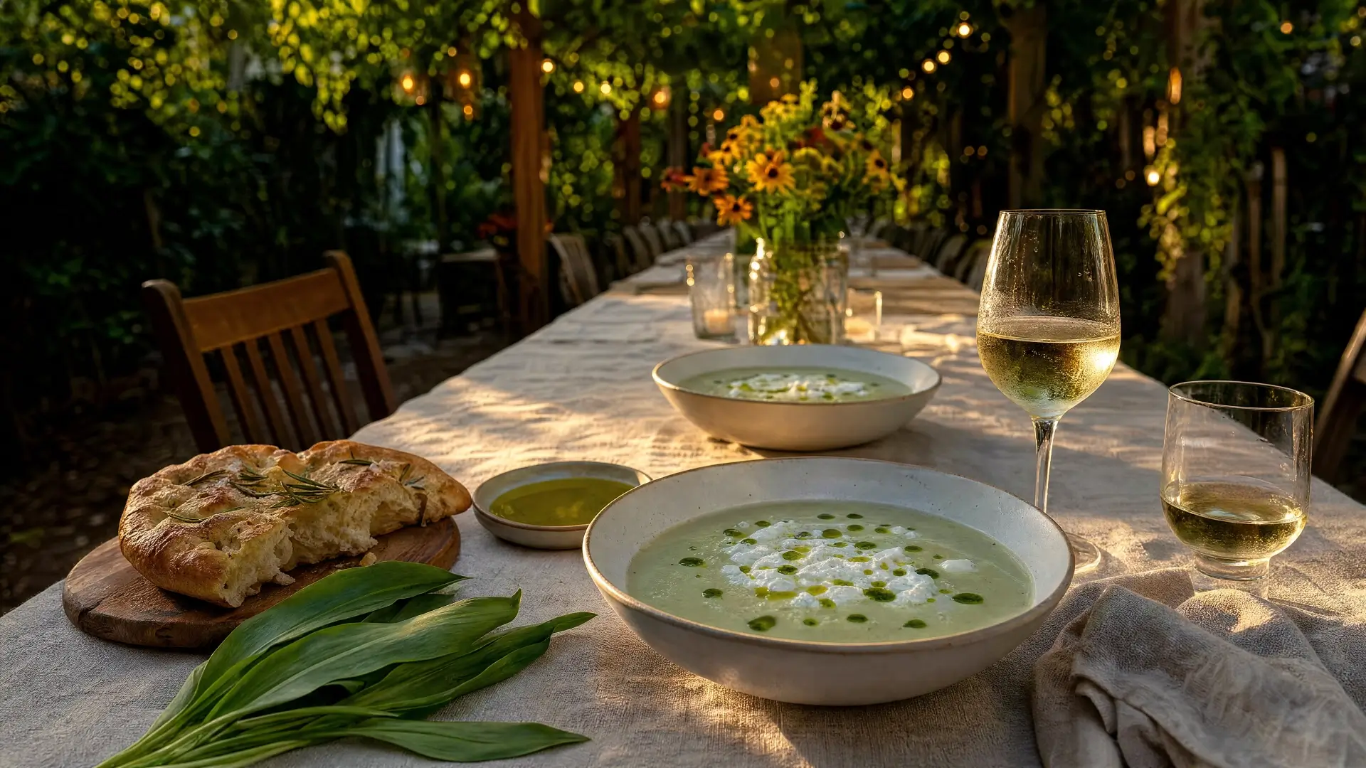 Zomerse buitentafel met soep, brood en witte wijn