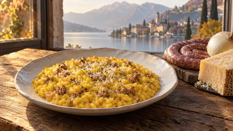 Risotto alla monzese op een ondiep bord, goudgeel van de saffraan, met stukjes luganega en Grana Padano