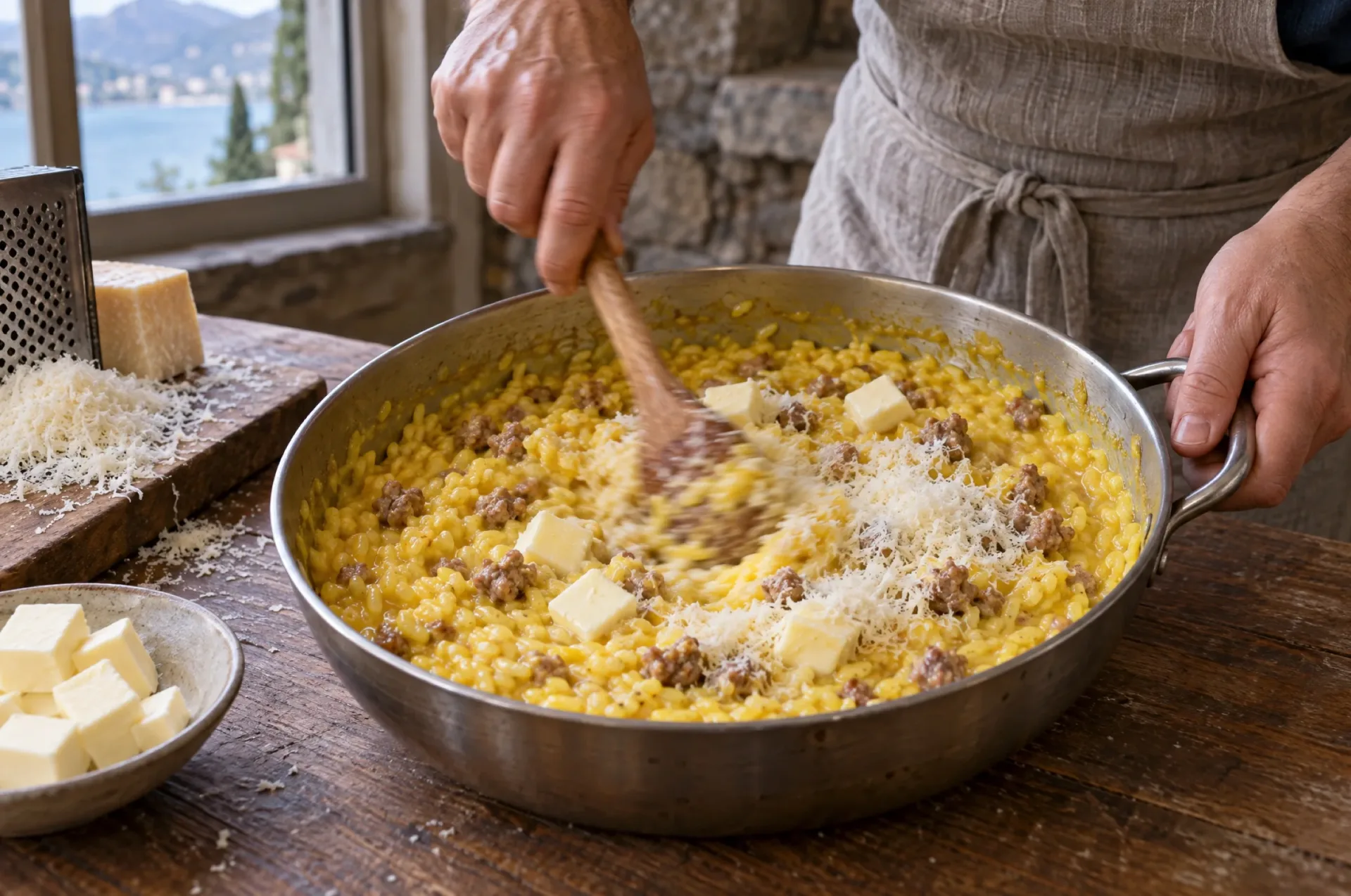 Handen roeren ijskoude boter en Grana Padano door goudgele risotto alla monzese met luganega in een brede pan