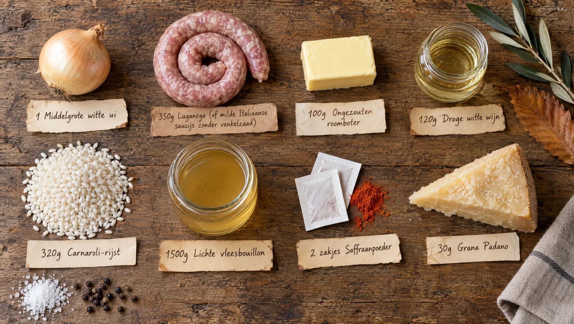 Ingrediënten voor risotto alla monzese: luganega, Carnaroli-rijst, saffraanpoeder, witte ui, roomboter en Grana Padano