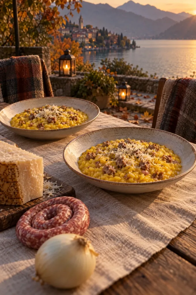 Twee borden risotto alla monzese op een gedekte houten tafel buiten aan een Lombardisch meer op een herfstavond