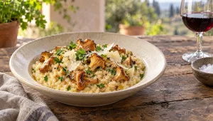 Risotto met cantharellen in een diep bord, gebakken finferli erop met platte peterselie en geschaafde Parmigiano