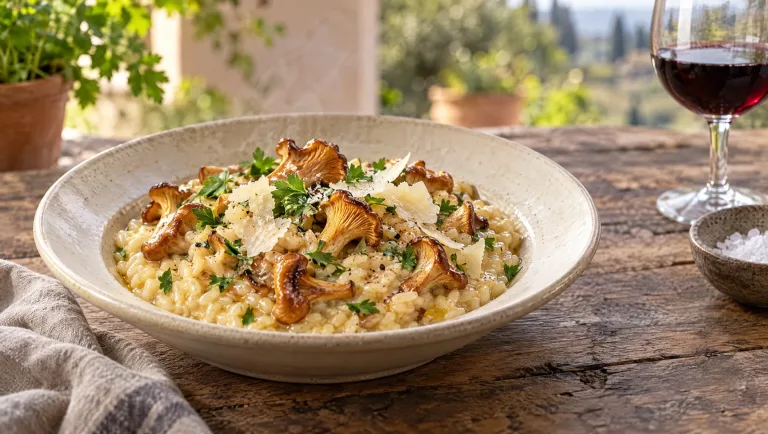 Risotto met cantharellen in een diep bord, gebakken finferli erop met platte peterselie en geschaafde Parmigiano