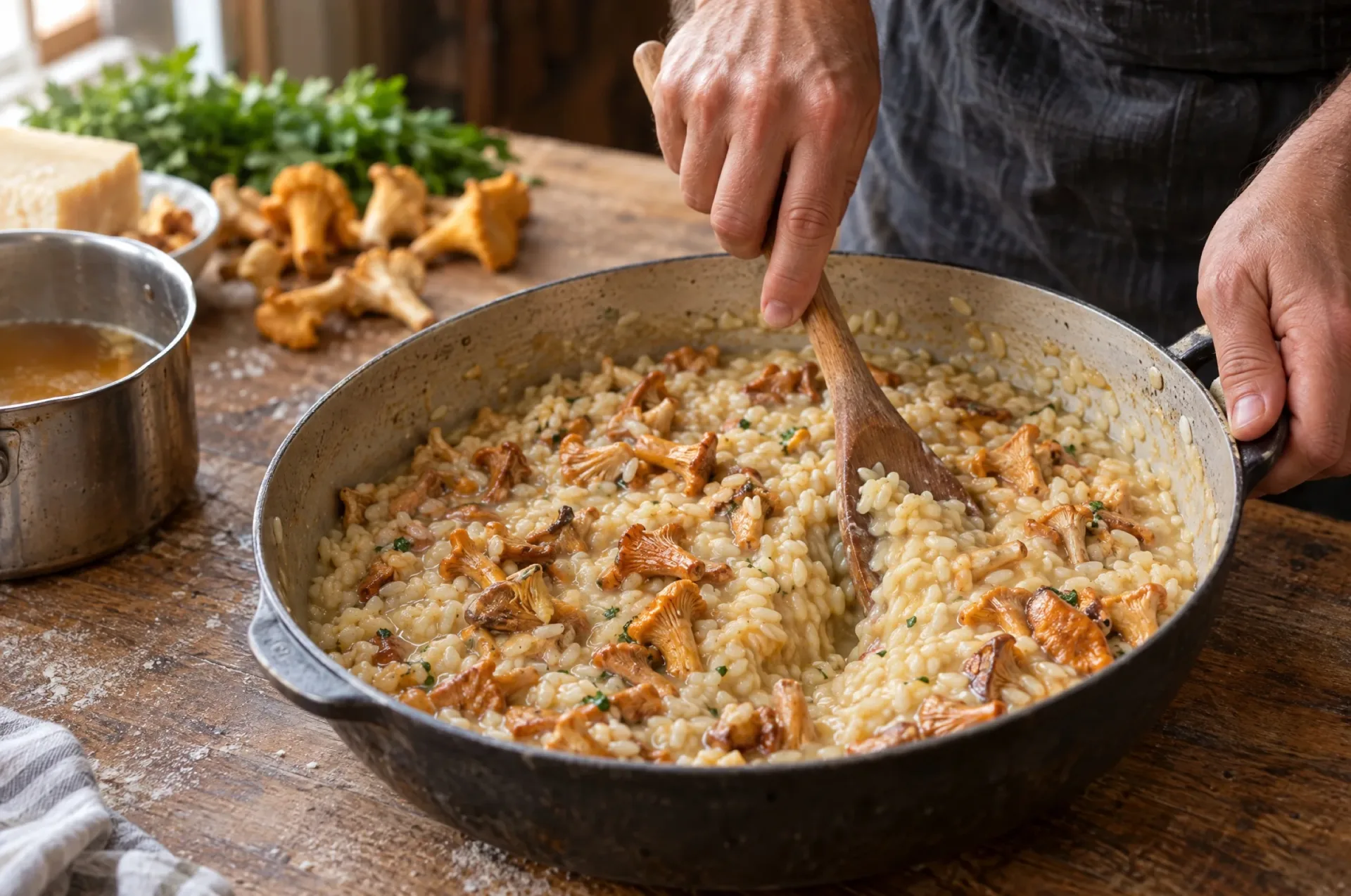 Handen roeren romige risotto met cantharellen met een houten lepel, gebakken finferli tussen de rijstkorrels