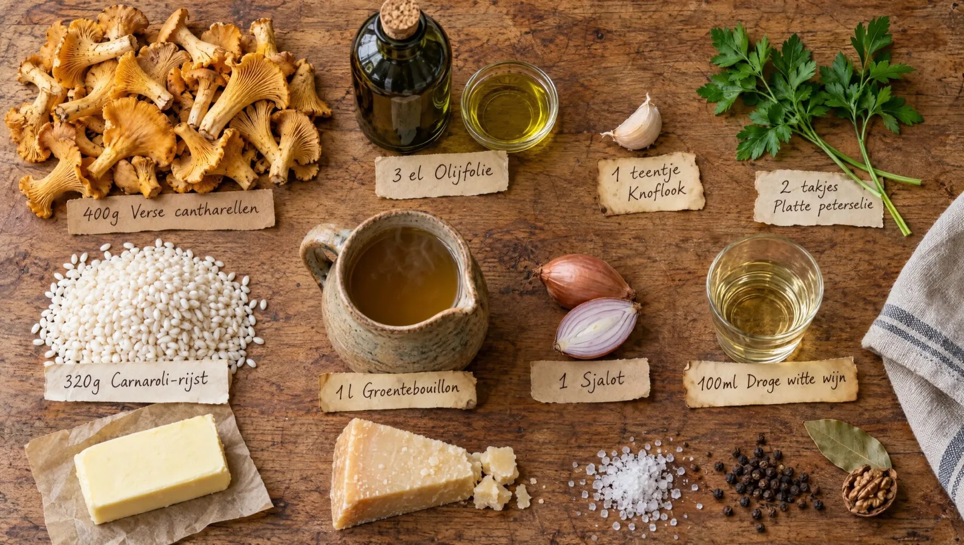 Ingrediënten voor risotto met cantharellen: verse finferli, Carnaroli-rijst, sjalot, knoflook, boter en Parmigiano