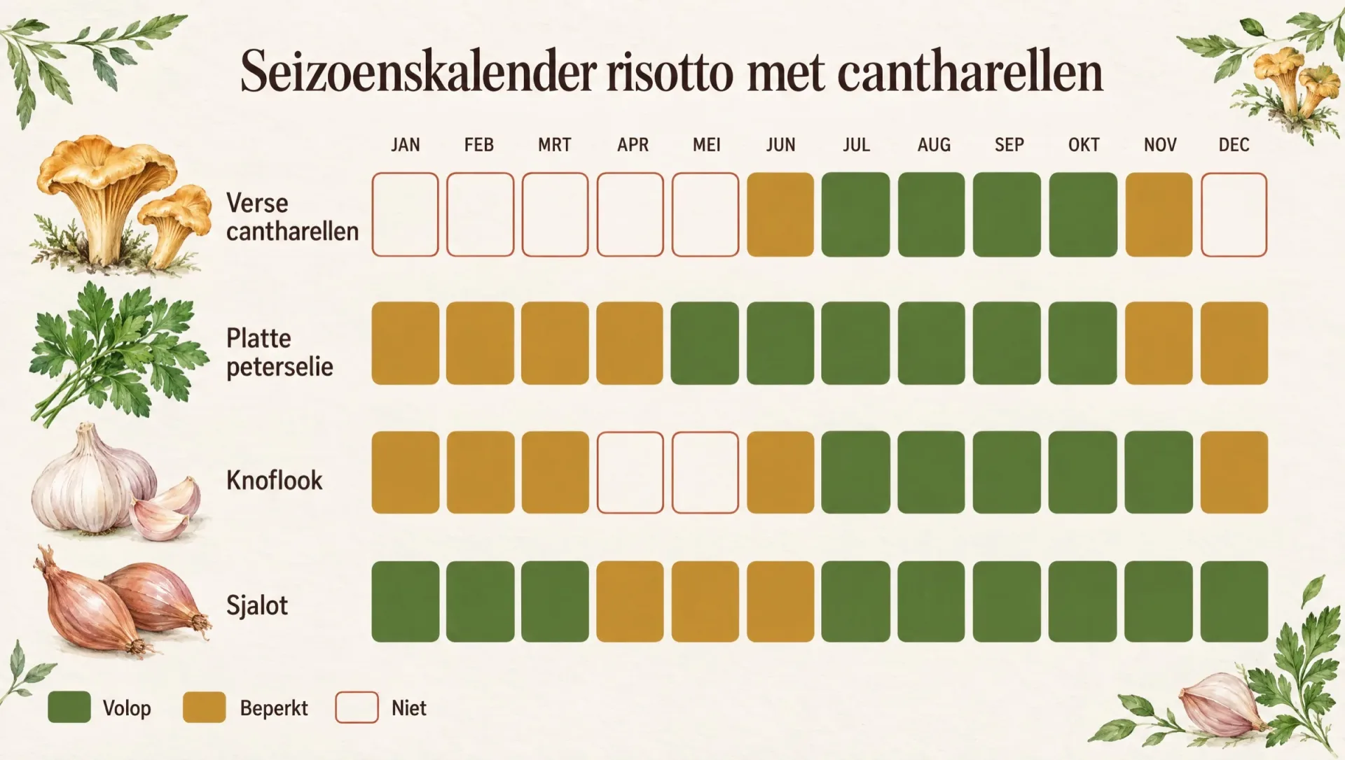 Seizoenskalender voor risotto met cantharellen met cantharellen, platte peterselie, knoflook en sjalot per maand