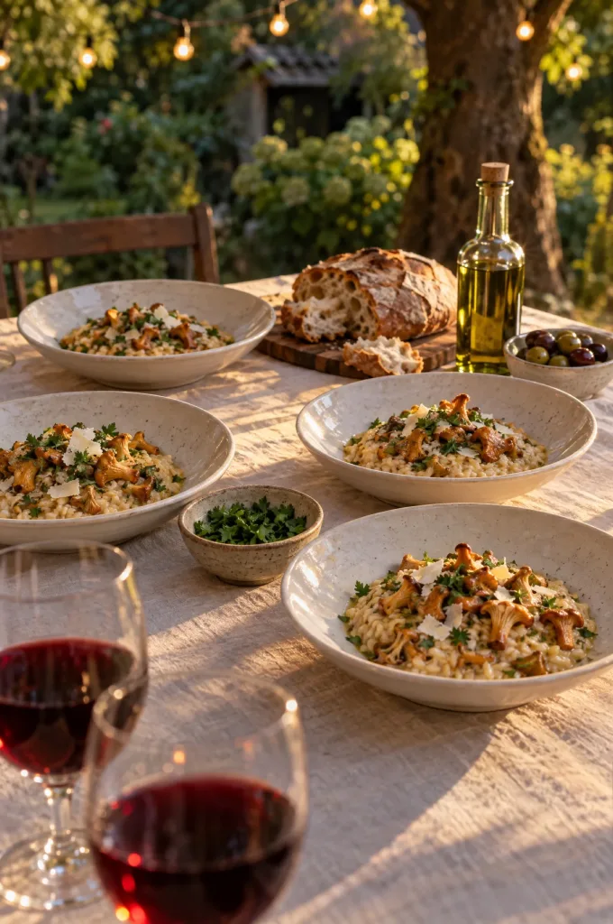 Gedekte tafel in de tuin met vier diepe borden risotto met cantharellen, brood, olijven en twee glazen rode wijn