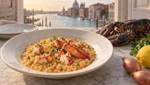 Risotto met kreeft in een diep bord aan de Venetiaanse lagune, met rauwe kreeft, sjalot, citroen en peterselie