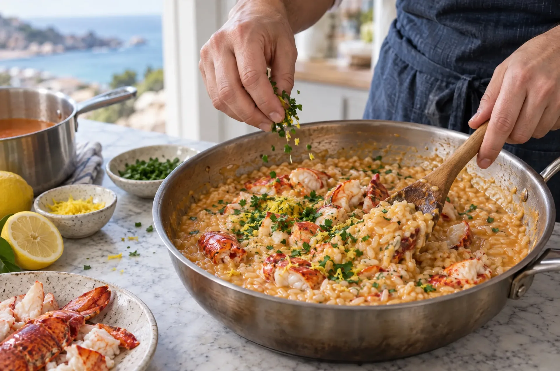 Close-up van risotto met kreeft: glanzende Carnaroli met stukken staart en schaar, gehakte peterselie en citroenrasp