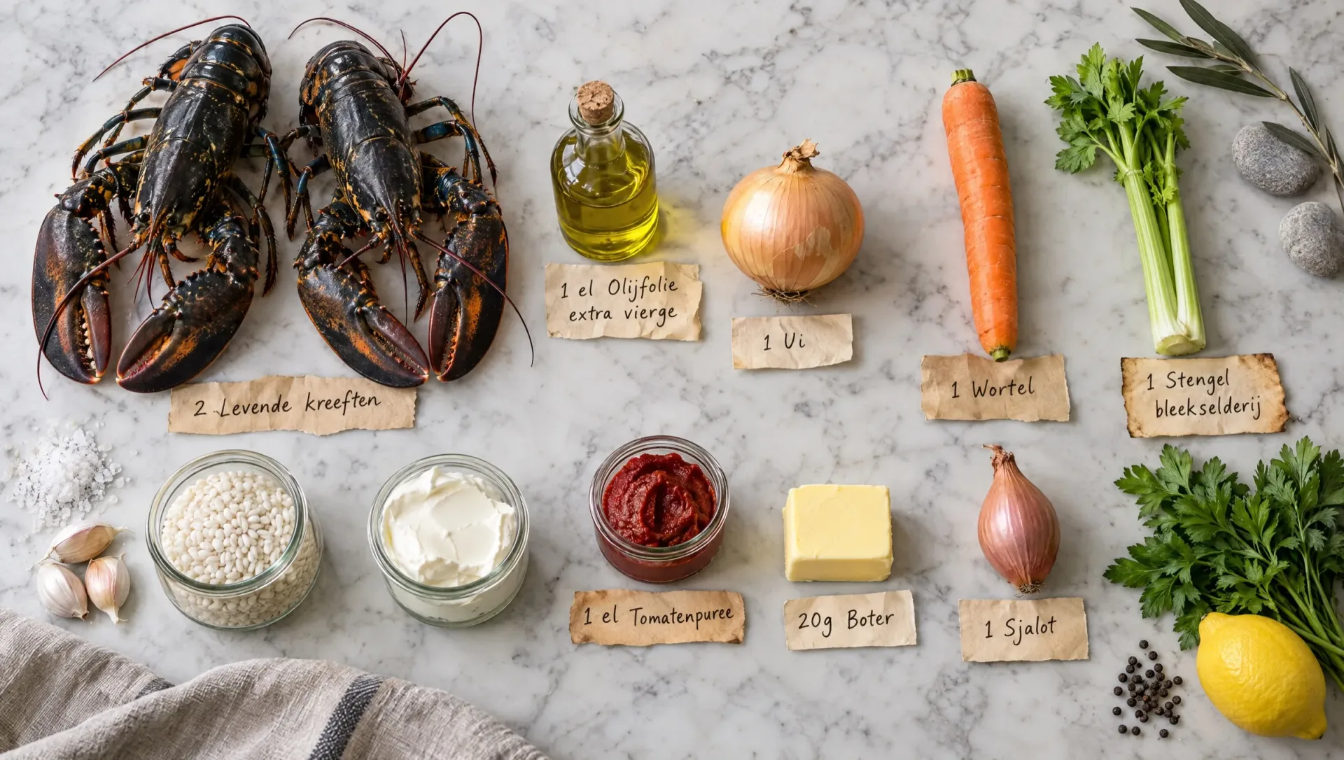 Ingrediënten voor risotto met kreeft: twee levende kreeften, Carnaroli, sjalot, knoflook, mascarpone, citroen, peterselie