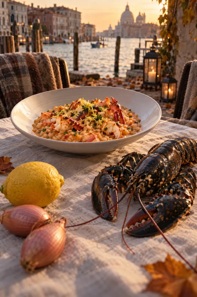 Risotto met kreeft op een gedekte tafel aan de Adriatische kust in september, met rauwe kreeft, citroen en sjalot