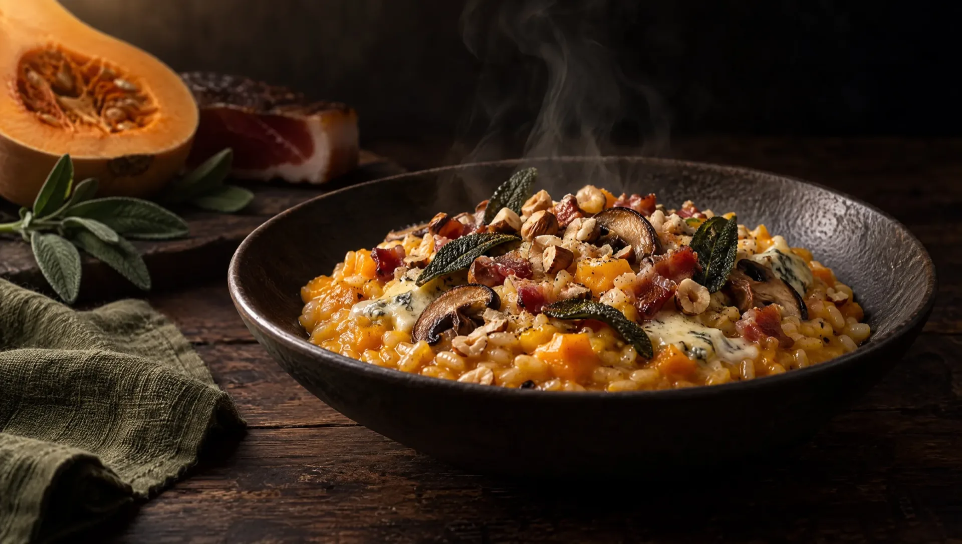 Risotto met pompoen en gorgonzola, speck en hazelnoten, op tafel in de Piemontese herfst met rauwe flespompoen en salie