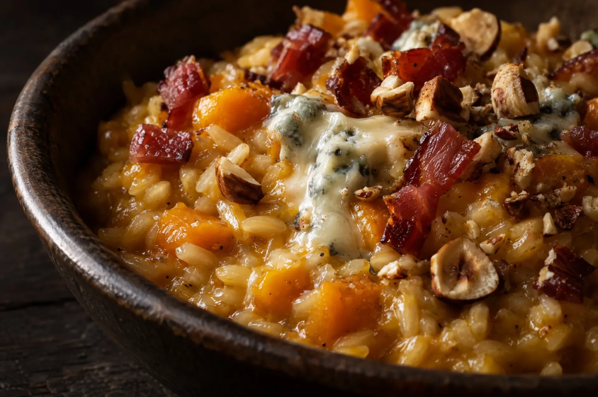 Close-up van risotto met pompoen en gorgonzola: glanzende oranje rijstkorrels met gesmolten gorgonzola en krokante speck