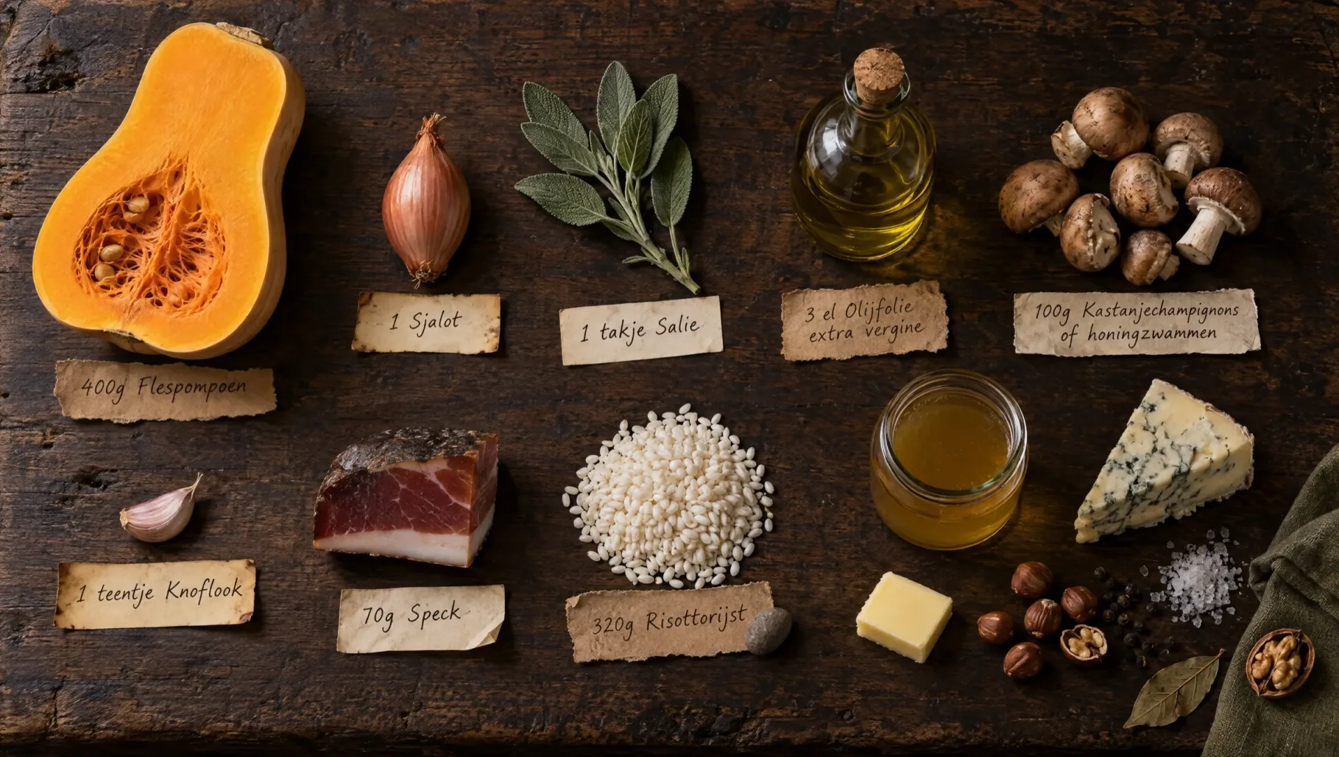 Voor risotto met pompoen en gorgonzola: flespompoen, rijst, gorgonzola dolce, speck, paddenstoelen, salie en hazelnoten
