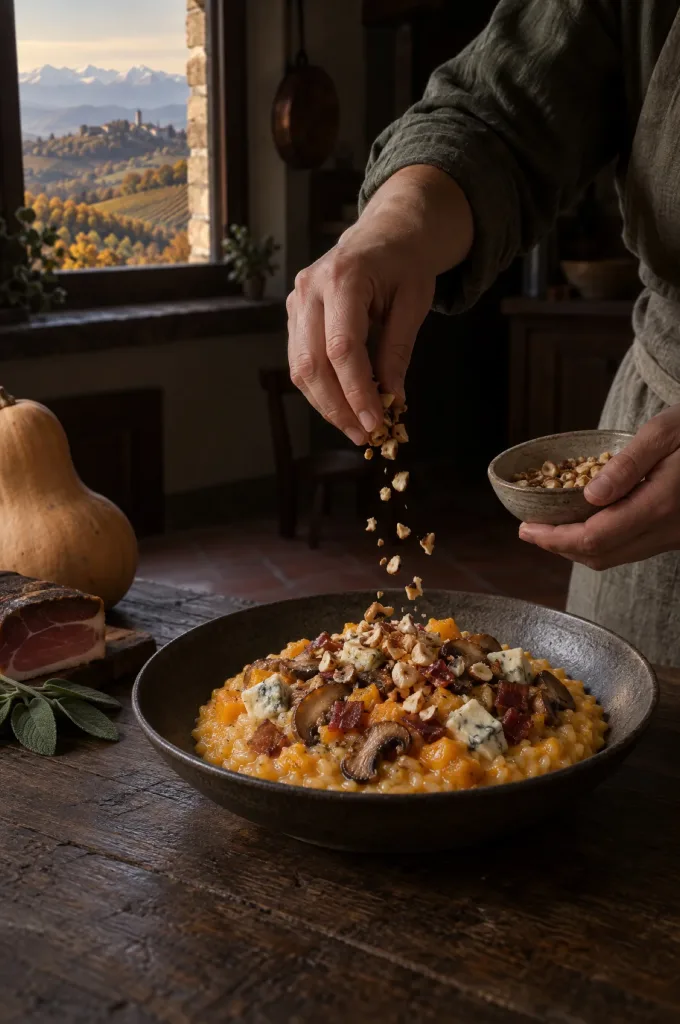 Handen van de kok strooien hazelnoten over risotto met pompoen en gorgonzola, donkere keuken, raam op de Langhe