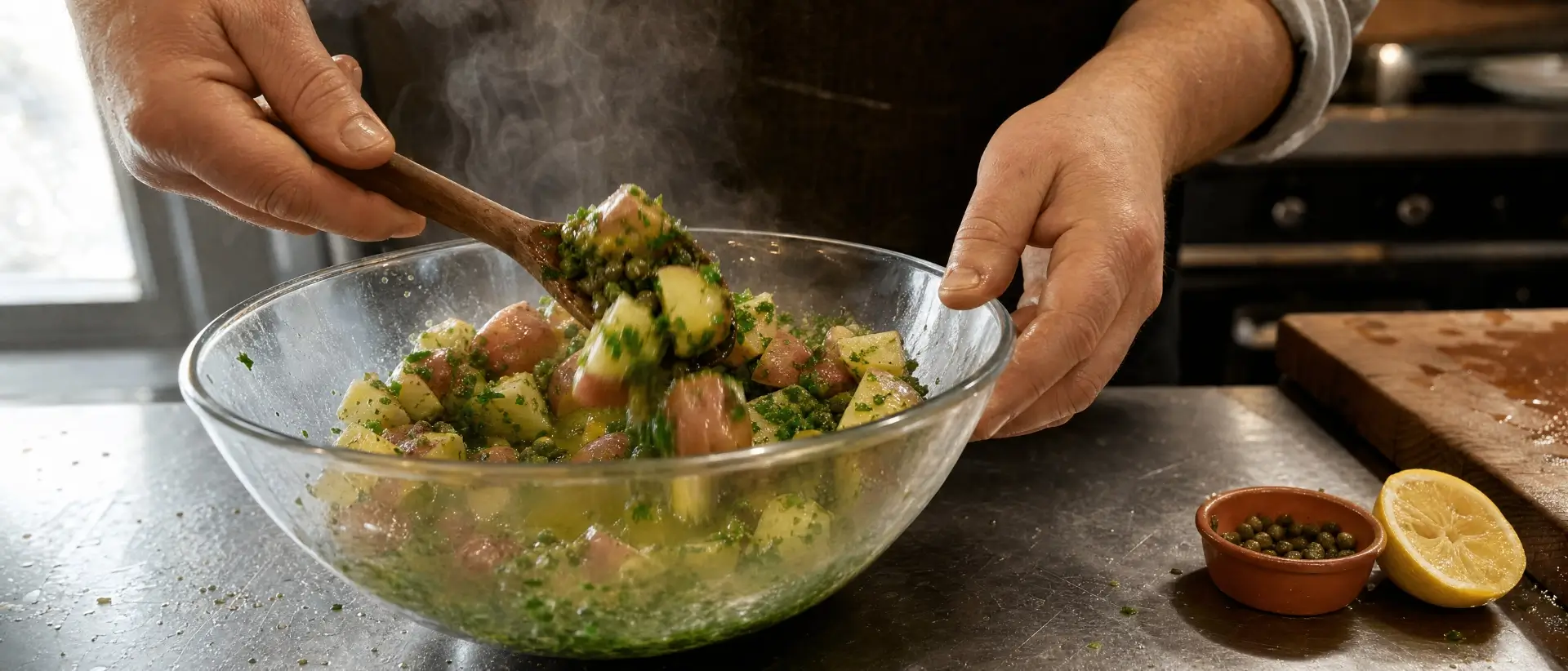 Kok mengt warme aardappelsalade met kruiden in glazen kom
