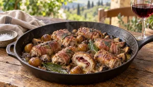 Saltimbocca met kastanjes in een koekenpan, rolletjes kalfsvlees met gesmolten provolone, champignons en laurier