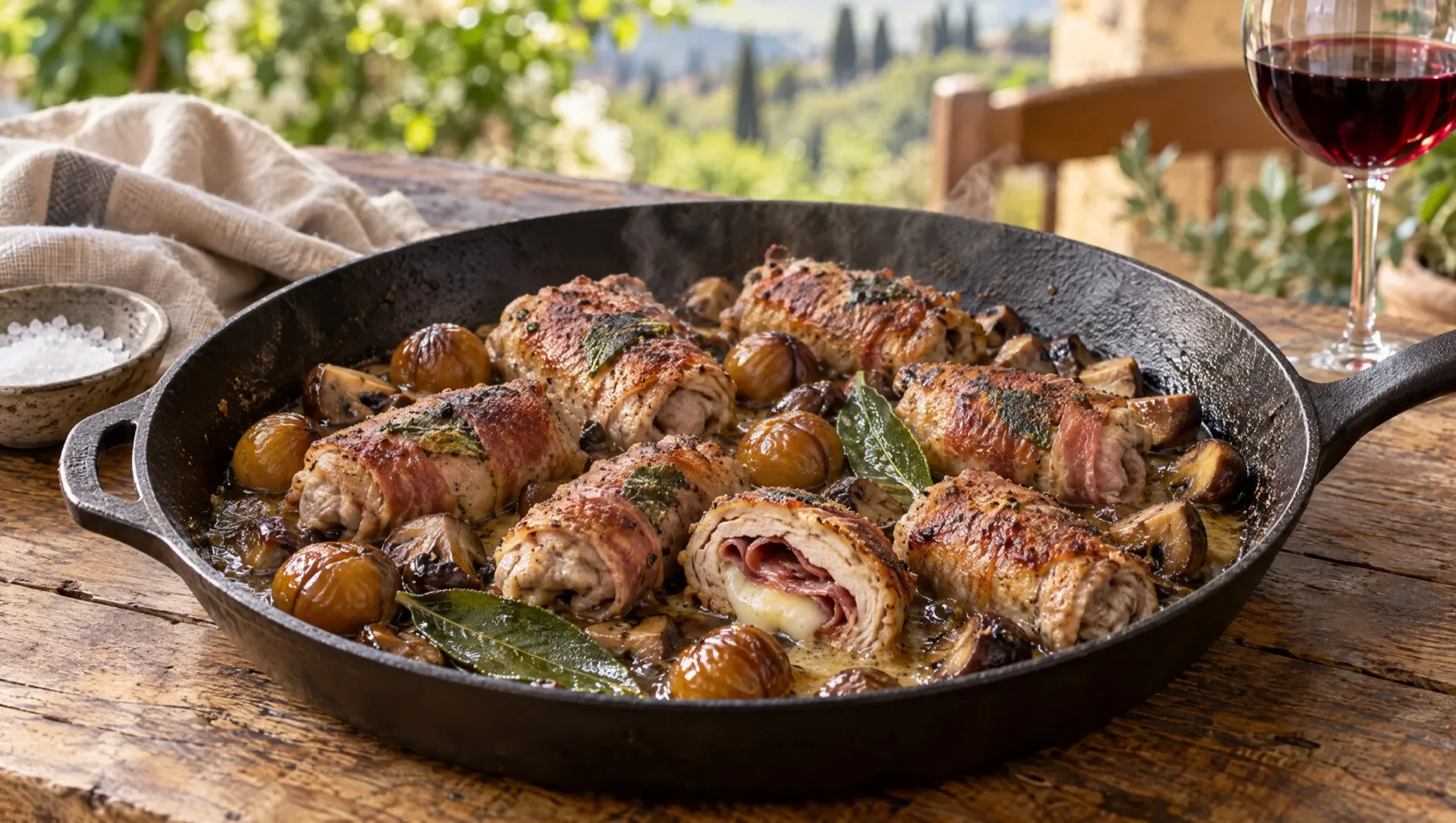 Saltimbocca met kastanjes in een koekenpan, rolletjes kalfsvlees met gesmolten provolone, champignons en laurier