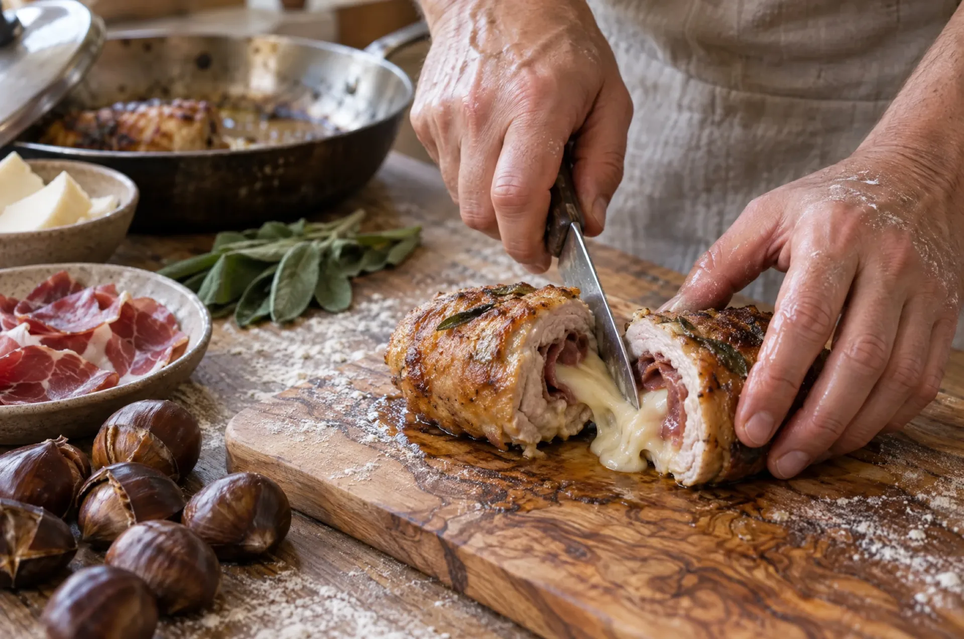 Opengesneden rolletje saltimbocca met kastanjes, met gesmolten provolone en een plakje coppa in het hart