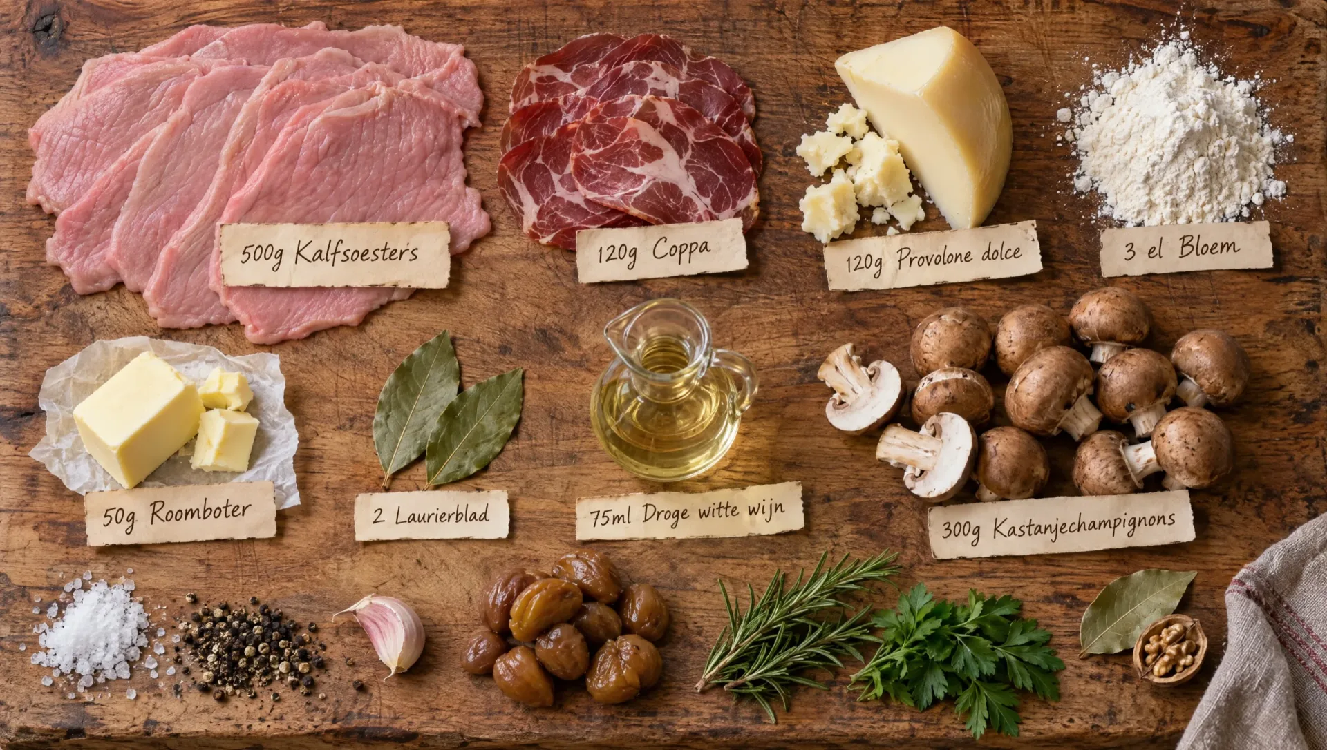 Ingrediënten voor saltimbocca met kastanjes: kalfsoesters, plakjes coppa, provolone, champignons en gekookte kastanjes