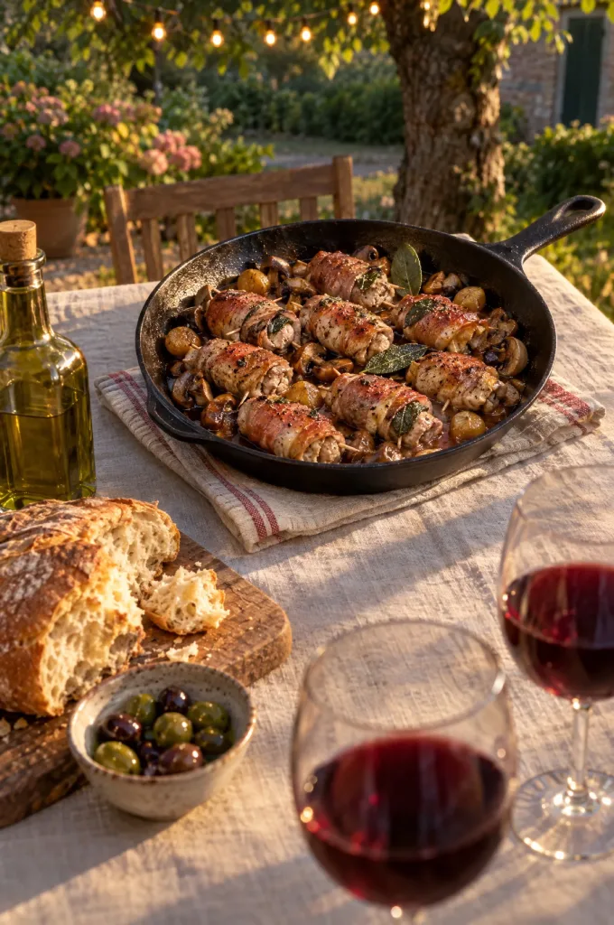 Gedekte tuintafel met saltimbocca met kastanjes in de pan, brood, olijven en twee glazen rode wijn in de lage avondzon