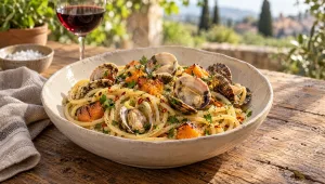 Spaghetti met pompoen en vongole in een diep bord, open schelpen tussen blokjes geroosterde pompoen