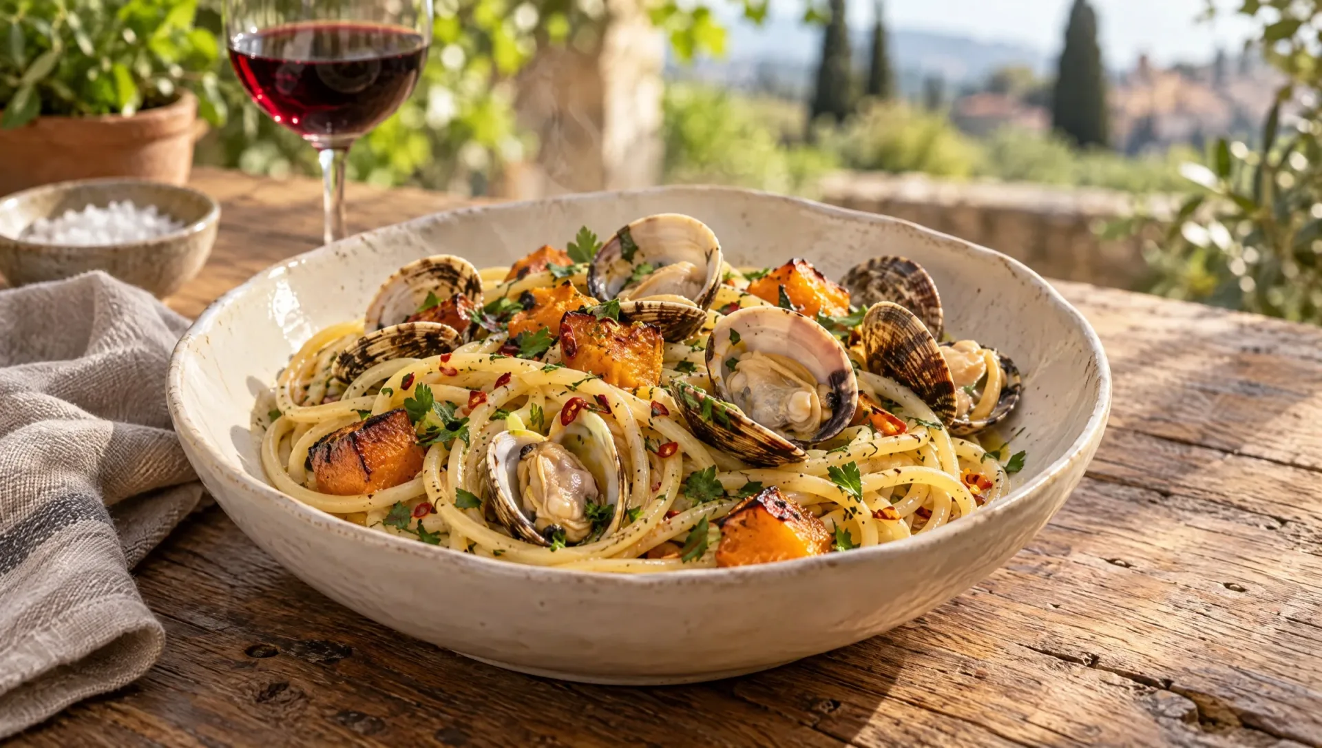 Spaghetti met pompoen en vongole in een diep bord, open schelpen tussen blokjes geroosterde pompoen