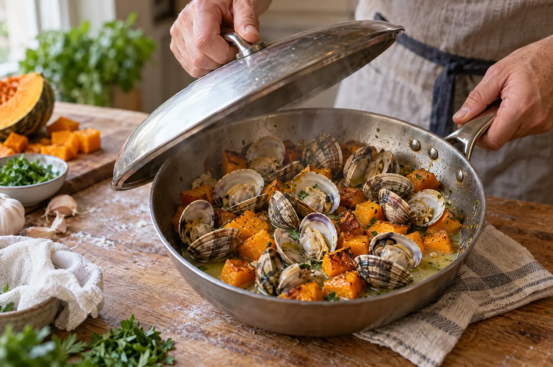 Vongole gaan open in de pan voor spaghetti met pompoen en vongole, met blokjes geroosterde pompoen ertussen