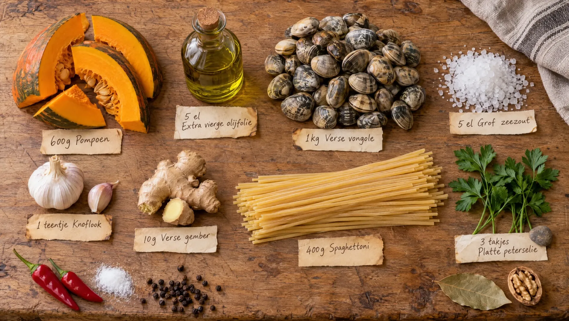 Ingrediënten voor spaghetti met pompoen en vongole: verse vongole, parten pompoen, spaghettoni, knoflook en rode peper