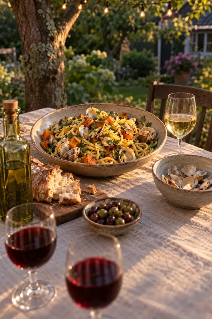 Gedekte tafel met een schaal spaghetti met pompoen en vongole, een glas witte wijn en een kom voor lege schelpen