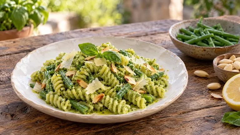 Bord fusilli met sperziebonenpesto, geroosterde amandelen, schilfers Parmigiano en basilicum op een houten tafel