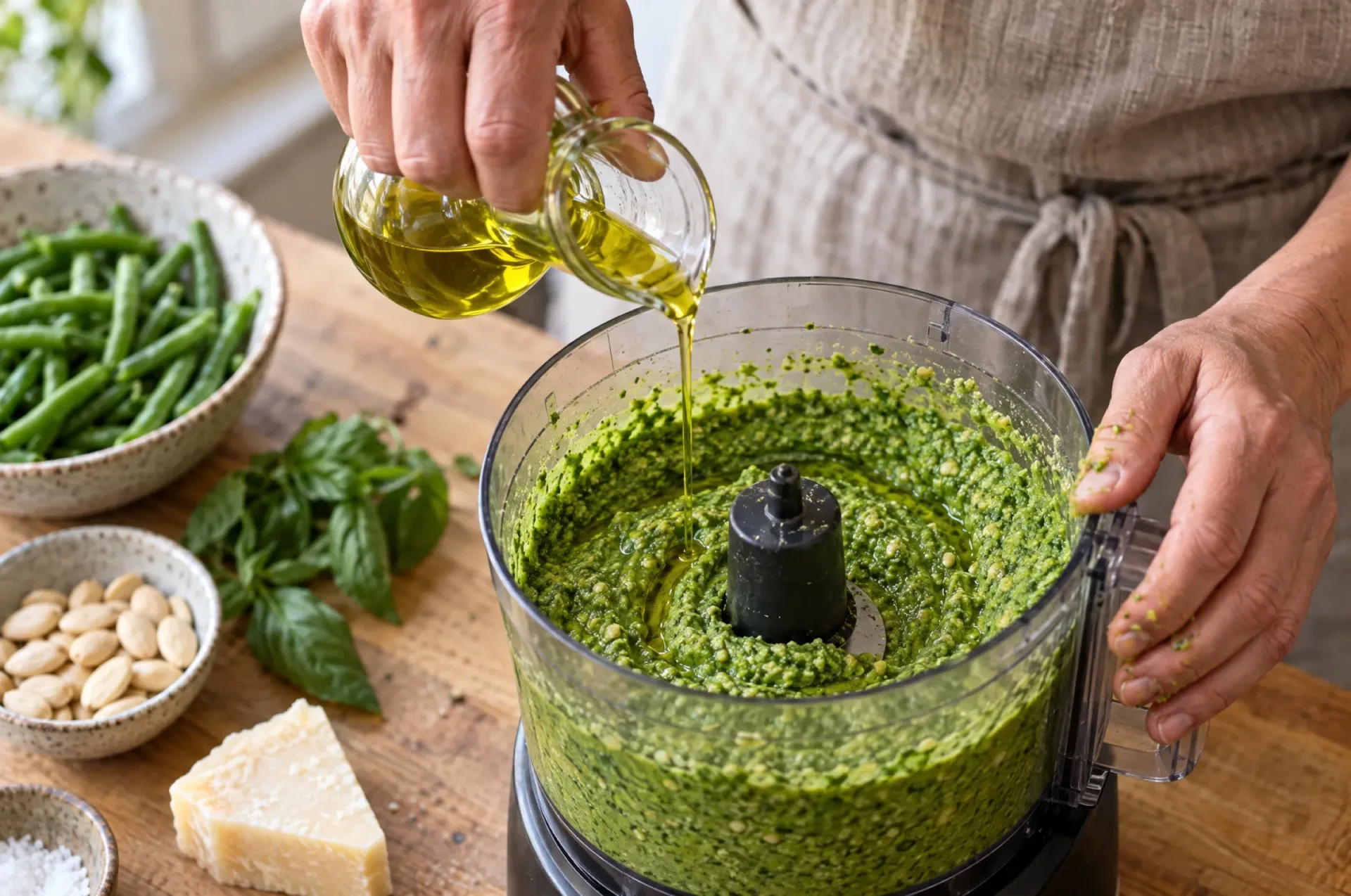 Sperziebonenpesto in de keukenmachine, helder groen en romig, met stukjes amandel en een straaltje olijfolie