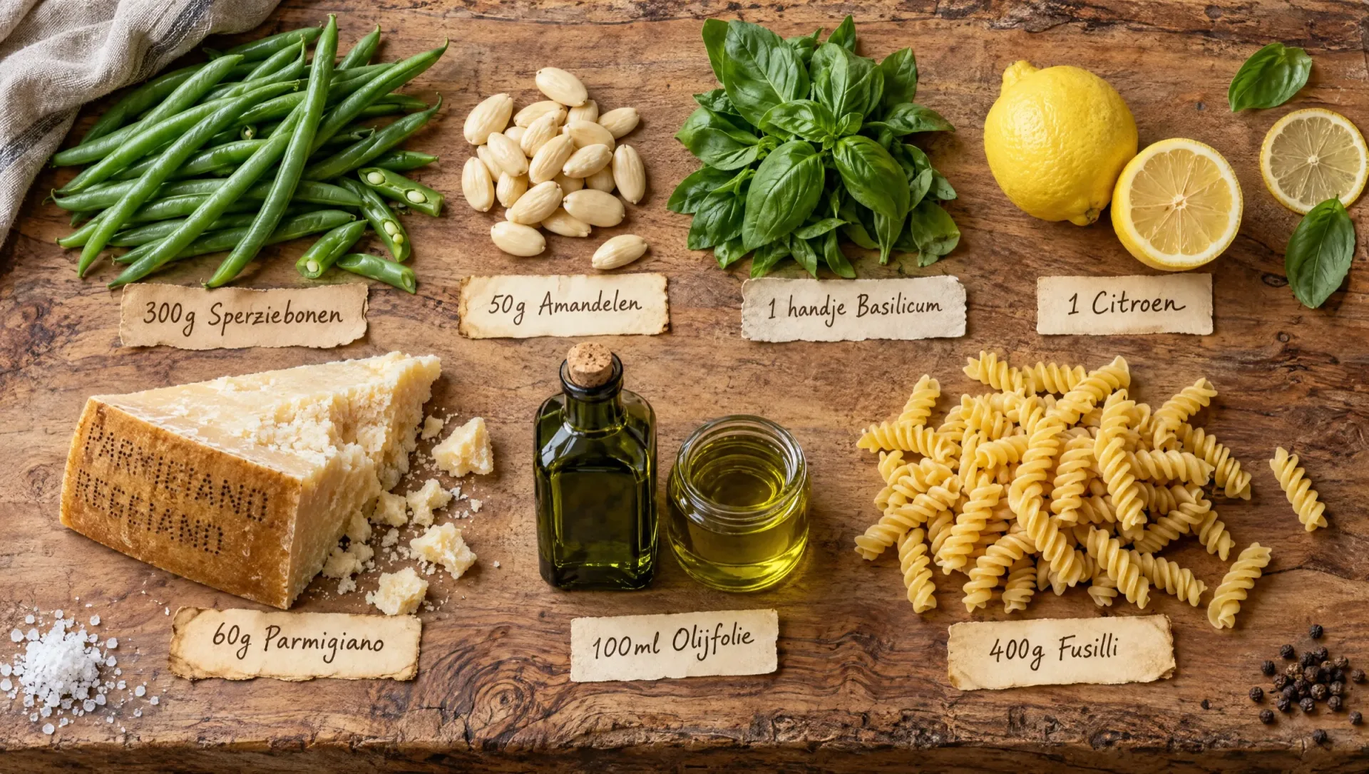 Ingrediënten voor sperziebonenpesto: sperziebonen, amandelen, basilicum, citroen, Parmigiano, olijfolie en fusilli