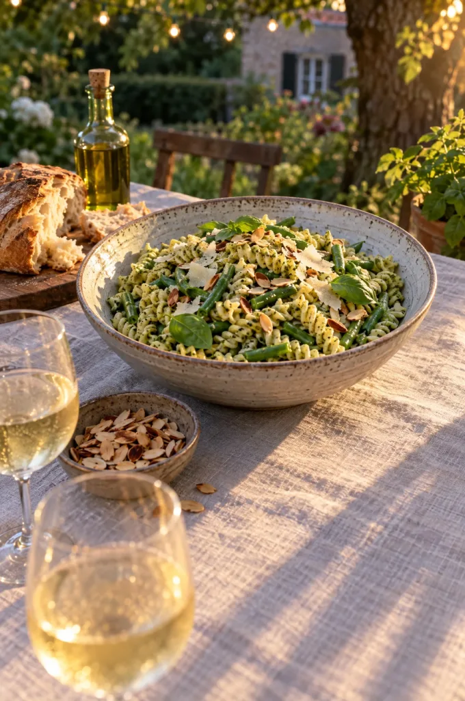 Schaal fusilli met sperziebonenpesto op een gedekte tuintafel in avondlicht, met witte wijn, brood en amandelen