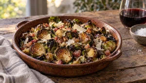 Geroosterde spruitjes met pancetta en kastanjes op een aardewerken schaal