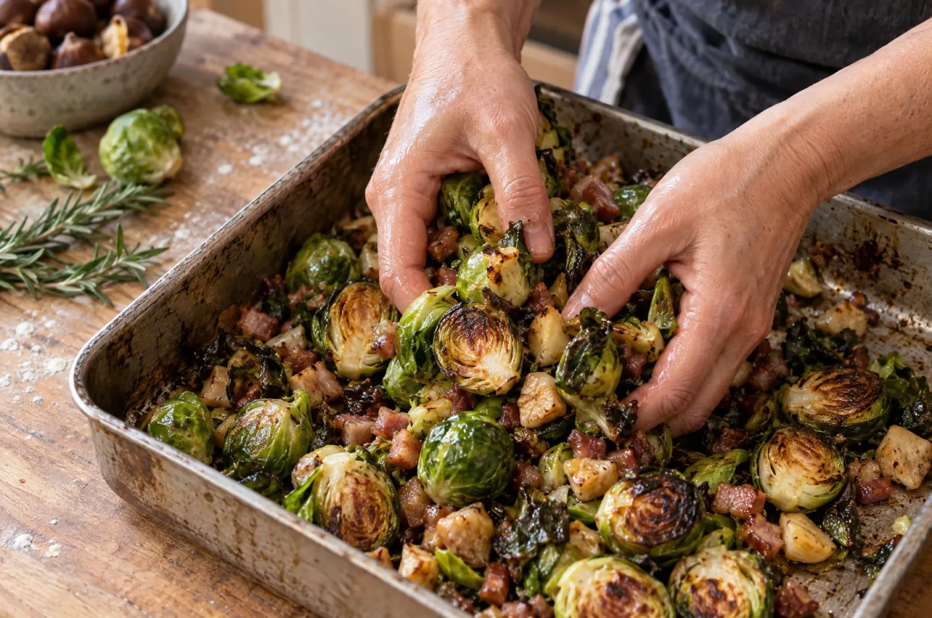Handen husselen gehalveerde spruitjes met blokjes pancetta en kastanjes op een bakblik, met rozemarijn en een kom kastanjes ernaast