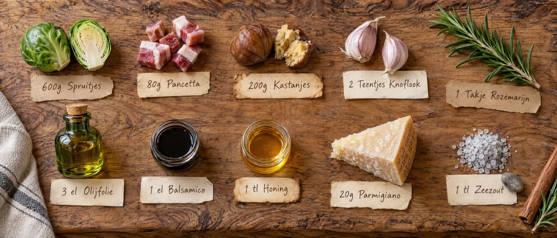 Ingrediënten voor spruitjes met pancetta en kastanjes: spruitjes, pancetta, gepelde kastanjes, knoflook, rozemarijn, olijfolie, balsamico, honing, Parmigiano en zeezout