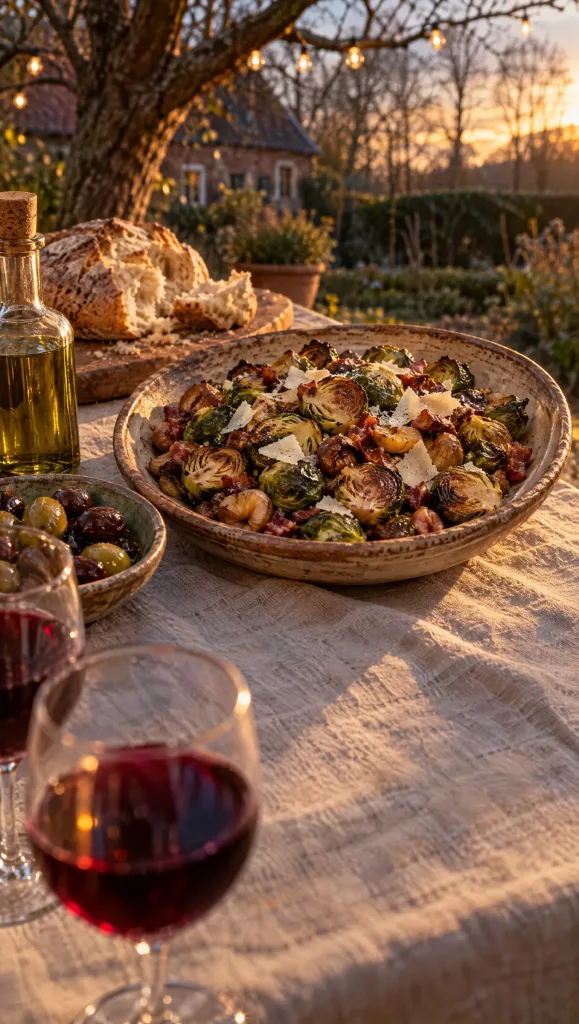 Tuintafel in winters avondlicht met een schaal spruitjes met pancetta en kastanjes met schaafsel Parmigiano, brood, olijven, olijfolie en twee glazen rode wijn
