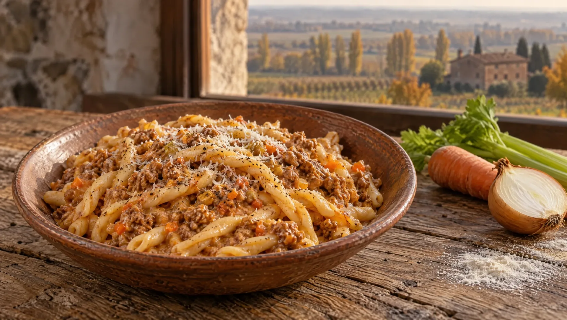 Schaal strozzapreti pasticciati met ragù en room op een herfsttafel in Romagna, met wortel, ui, bleekselderij en bloem