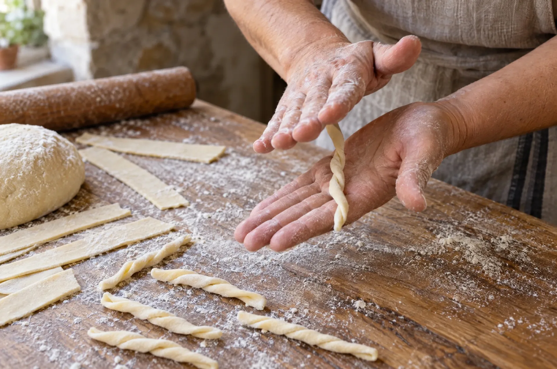Handen draaien deeg voor strozzapreti pasticciati op een met bloem bestoven werkblad, naast de deegroller