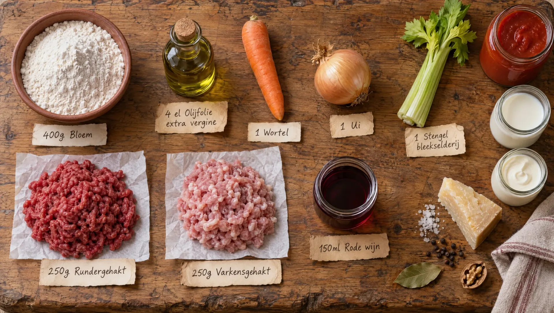 Ingrediënten voor strozzapreti pasticciati: bloem, rundergehakt, varkensgehakt, wortel, ui, bleekselderij, passata en room