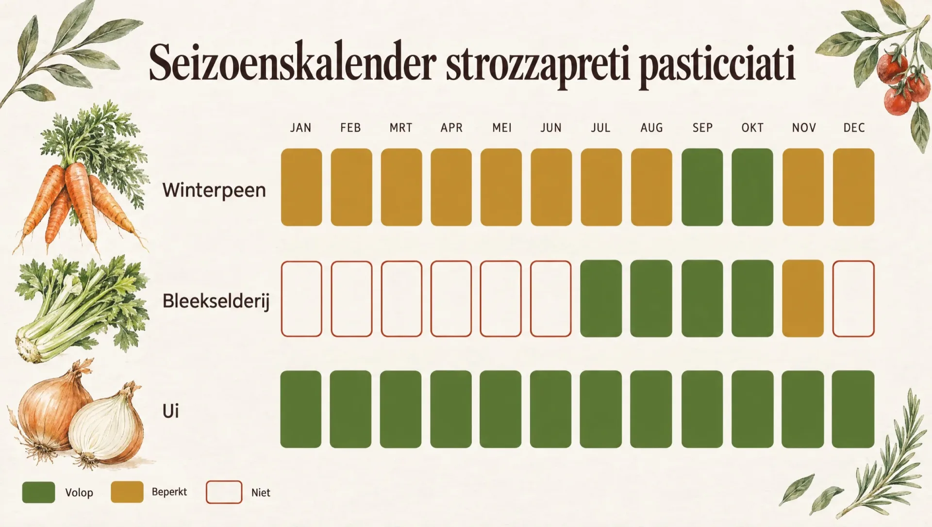 Seizoenskalender voor strozzapreti pasticciati: winterpeen, bleekselderij en ui per maand