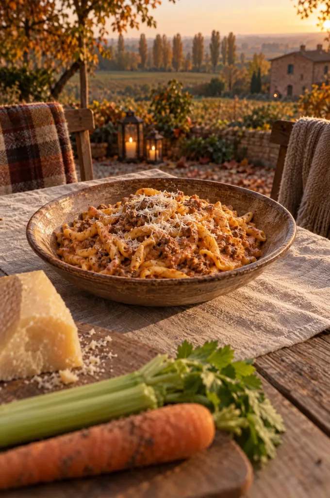 Herfsttafel in Romagna met een schaal strozzapreti pasticciati, een stuk Parmigiano Reggiano, wortel en bleekselderij