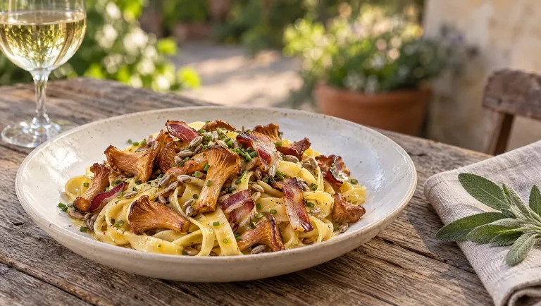 Bord tagliatelle met cantharellen en speck, met krokante zonnebloempitten en bieslook op een houten tafel