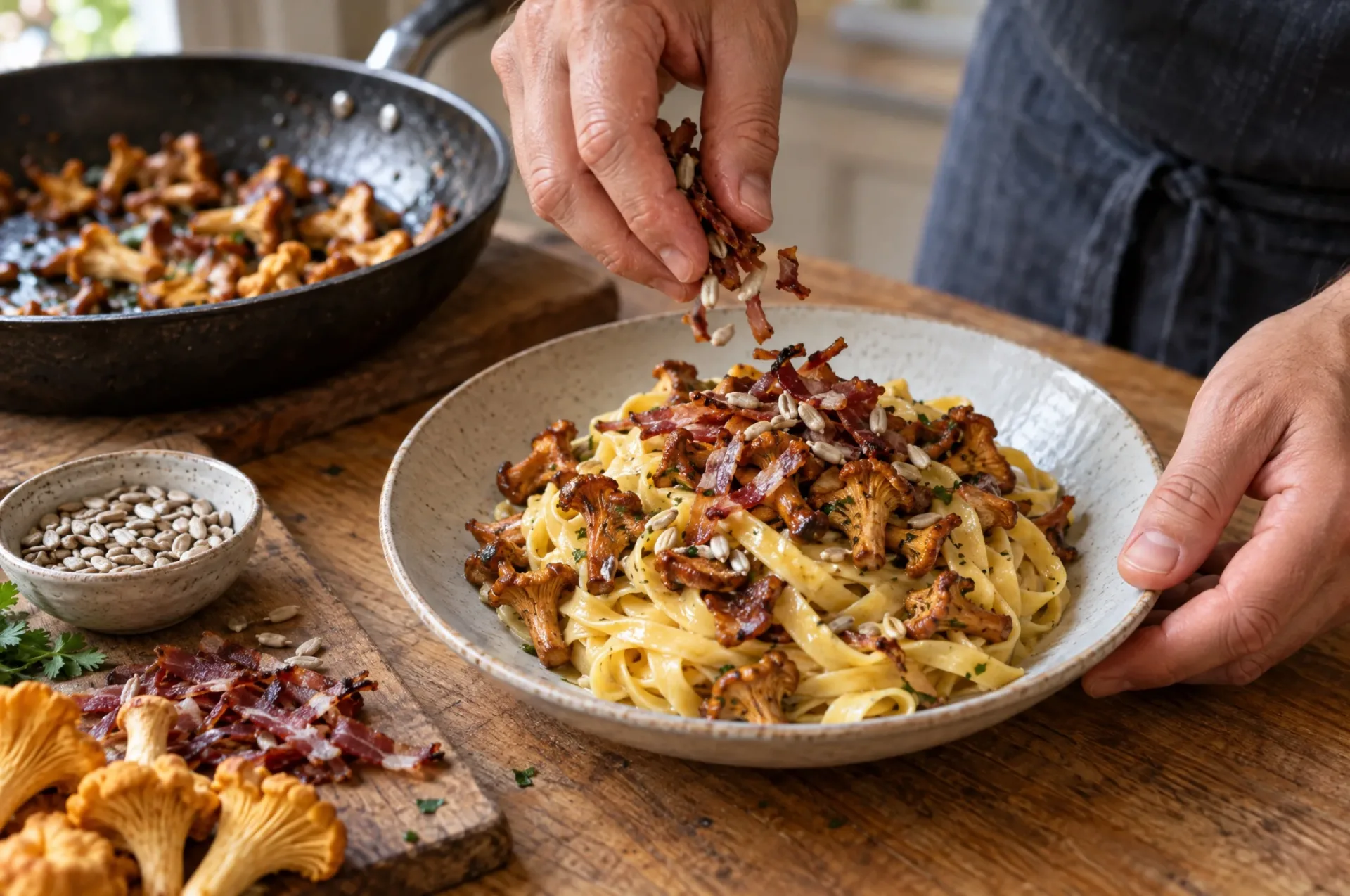 Handen strooien krokante speck en zonnebloempitten over een bord tagliatelle met cantharellen en speck, naast de koekenpan